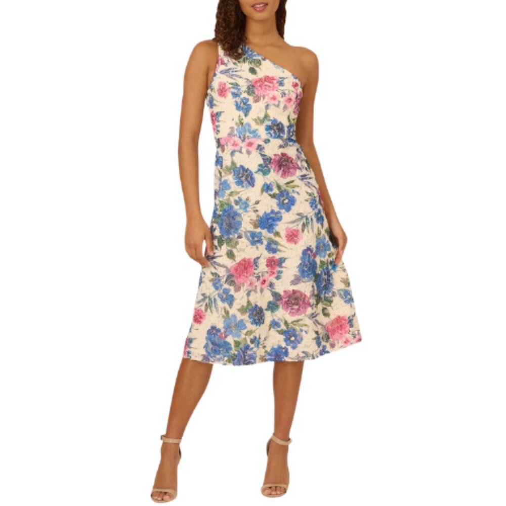 Adrianna Papell Cream Floral Asymmetric Embroidery Gown Event Formal Size 12